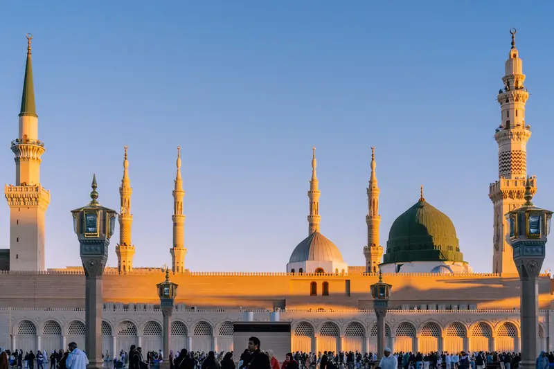 Masjid an-Nabawi in Madinah with the Green Dome at sunset